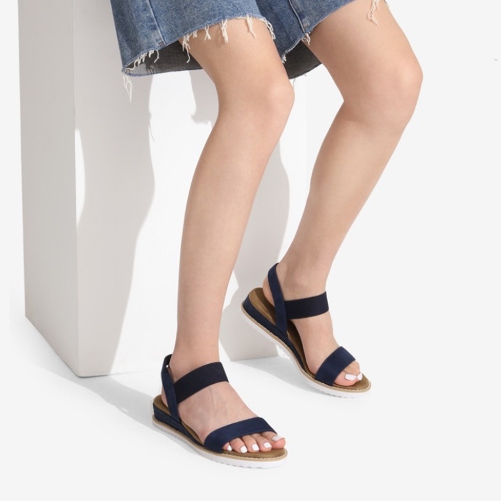 Ankle elastic strap espadrille flat sandal navy blue